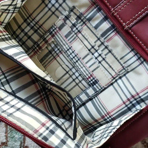 LIZ CLAIBORNE Shoulder Organizer Pockets Bag Red / Plaid Faux Leather - Picture 11 of 12